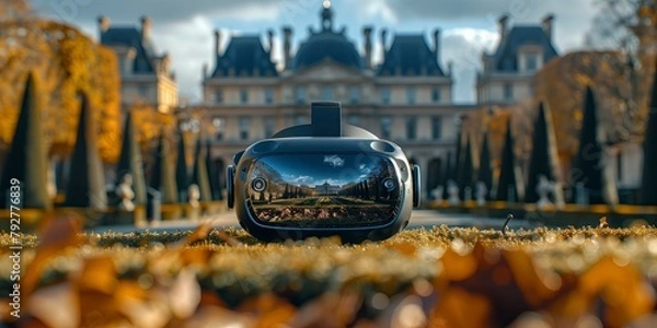 Fototapeta Virtual Reality Headset on Autumn Leaves with Palace Background