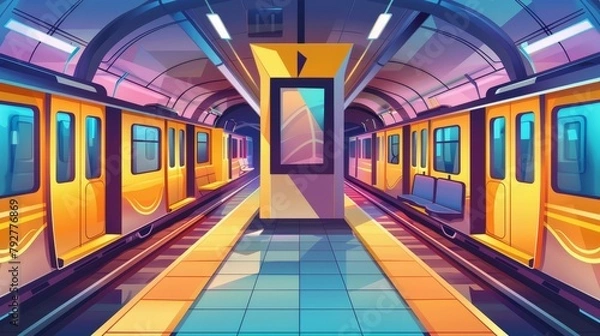 Fototapeta The interior of the tunnel with the passenger machine express arrival track. A screen and bench inside the tunnel. Illustration of the underground city metro railway. Cartoon background on public