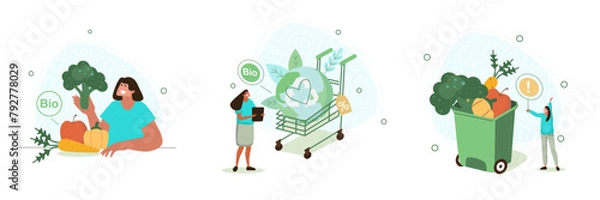Fototapeta A set of vector illustrations on the theme of ecology and environmental protection on a white background. Flat illustrations with people who care about the planet.