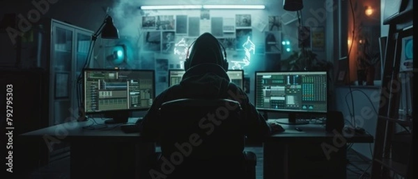 Obraz A group of internationally wanted hackers is organizing an advanced malware attack against a corporate server. The hacker is working on a computer in a dark, multi-screen environment.