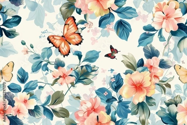 Obraz Seamless pattern of butterflies among flowers