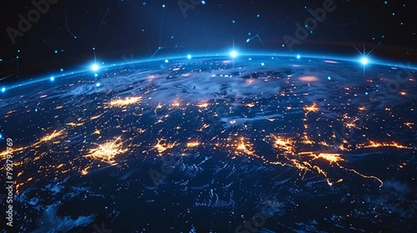 Fototapeta Digital world globe centered on USA, concept of global network and connectivity on Earth, data transfer and cyber technology, information exchange and international telecommunication