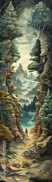 Obraz Illustrate a surreal blend of modern novels and wilderness camping from an eyelevel perspective in a traditional oil painting medium, 3D illustration