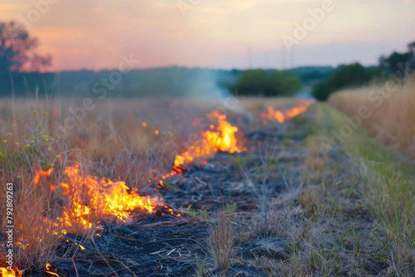 Fototapeta Controlled burn of grassland at dusk to prevent wildfires.