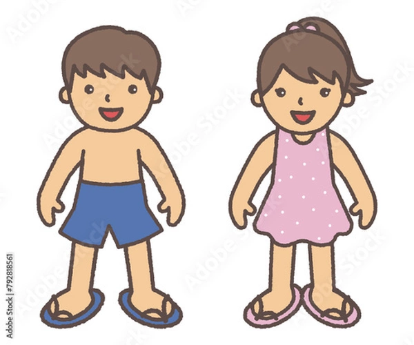 Obraz ビーチサンダルを履いた、水着姿の男の子と女の子