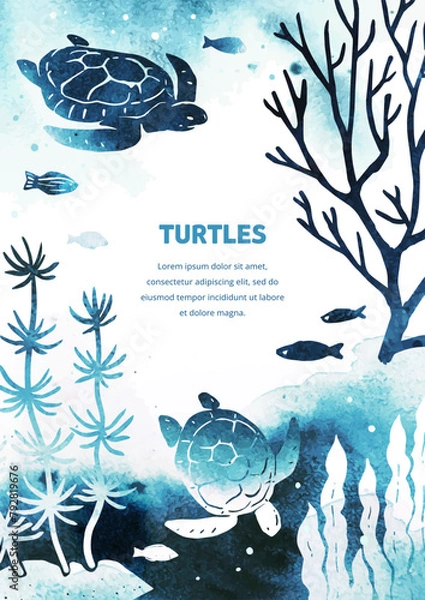 Fototapeta Vector vertical template with fish, turtles and seaweed on white background. Watercolor illustration with underwater nature and marine wildlife. A4. Useful for flyer, list, ad, cover, banner