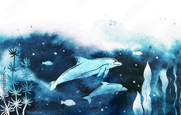 Fototapeta Vector dolphins, fish and seaweed under the sea. Watercolor illustration with underwater nature, marine wildlife and place for text. Design for flyer, list, ad, banner, invitation