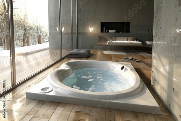 Fototapeta Experience Ultimate Relaxation in a Modern and Convenient Nice Bathroom with a Big Bathtub - Ideal for Indoor Wellness and Comfort in a Loft Apartment Setting