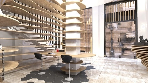 Obraz 2 storeys atrium store interior with wood parametric shelves. Checkout counter and waiting desk.  Rendering 