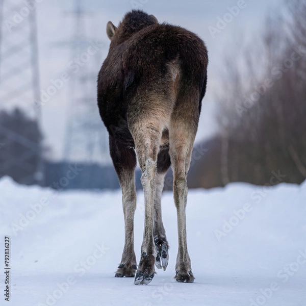 Fototapeta Close-up of a moose walking along a snow-covered road in the forest in winter, rear view and from a lower angle