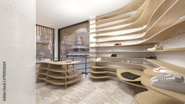 Obraz 2 storeys atrium store interior with wood parametric shelves. Rendering 