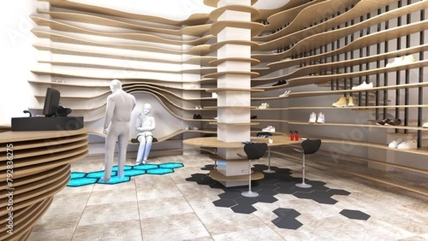Fototapeta 2 storeys atrium store interior with wood parametric shelves. Checkout counter and waiting desk.  Rendering 