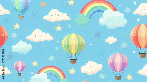 Fototapeta seamless pattern with hot air balloons and clouds with rainbow