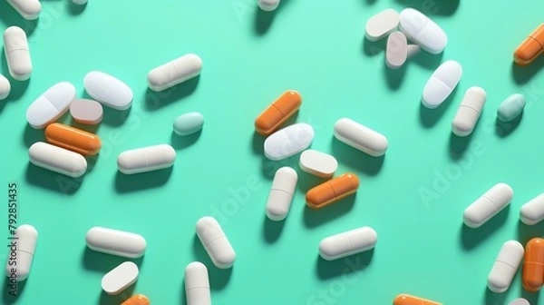 Fototapeta Array of multivitamin tablets arranged neatly on a pastel green background, dietary supplements concept