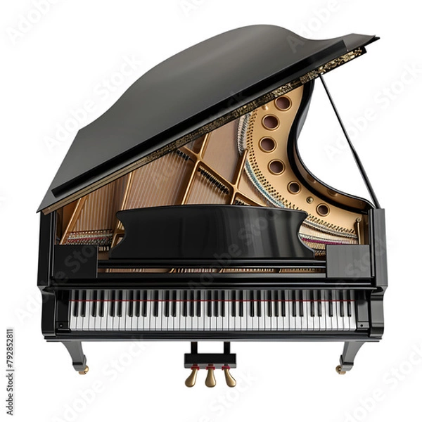 Fototapeta A black grand piano with keys visible, viewed from the top, on a transparent background
