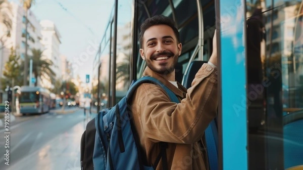Fototapeta Man Standing Next to Bus With Backpack