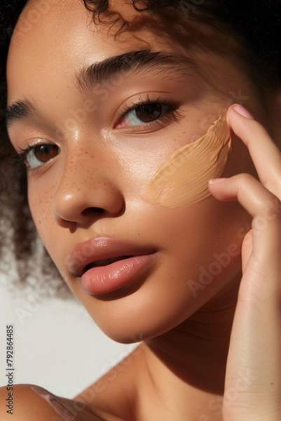 Fototapeta closeup of the face and hand applying liquid foundation on her cheek, showcasing its smooth texture and natural color harmonious with skin tone, set against a white background