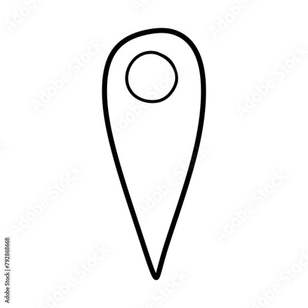 Fototapeta Location icon Vector Illustration logo Template. Isolated on white background. Doodle GPS Pin Symbol, Tag, Destination Point. Hand Drawn Outline Clipart, Graphic object for Map, Cursor, Web Design.
