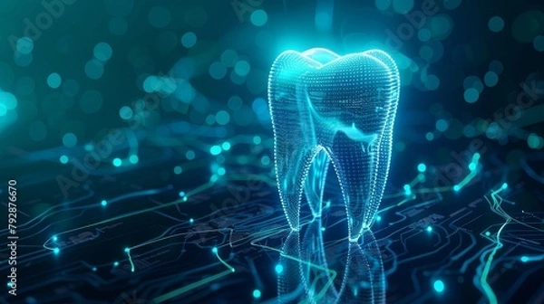 Obraz 3D render of tooth icon on digital background, AI generative technology concept.