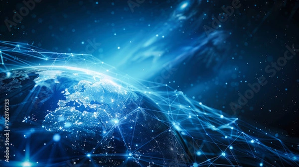 Fototapeta Abstract glowing light lines on planet Earth in the dark space grid, global network concept