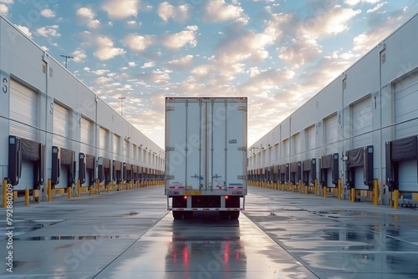 Fototapeta A truck driver skillfully backing up their trailer into a tight loading dock space at a busy warehouse