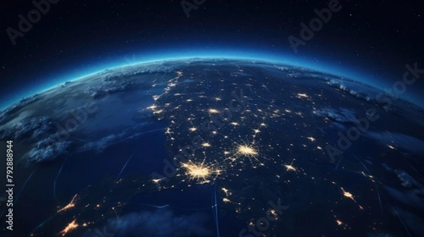 Fototapeta Nightly planet Earth in dark outer space.