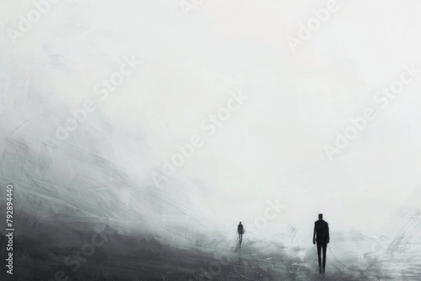Fototapeta An abstract composition featuring solitary figures silhouetted against a vast expanse of empty space, with muted tones of gray and black conveying feelings of loneliness and solitude. 