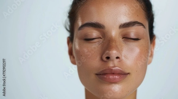 Obraz Portrait of a woman with natural makeup, closed eyes, and glowing skin in soft light