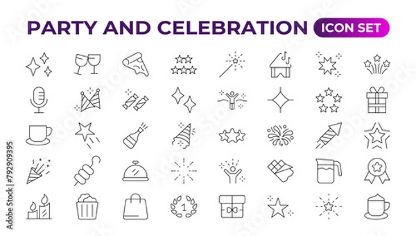 Fototapeta Party celebration thin line icons set. Birthdays, holidays, events, festive. Basic party elements collection. Vector simple linear design bundle of thirty happy birthday flat style and lettering.