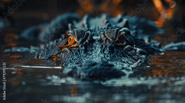 Fototapeta Experience the intensity of the wild with an extreme close-up shot capturing a crocodile lurking in the murky waters. This dramatic image zeroes in on the crocodile's menacing eyes and powerful jaws