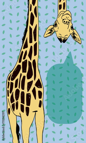 Obraz Funny giraffe with head upside down.  Talking giraffe Vector with patterned leaf background and speech bubble. 