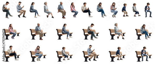 Obraz ベンチに座っている人々切抜き素材集、背景透過（男性、女性、老人、子供）