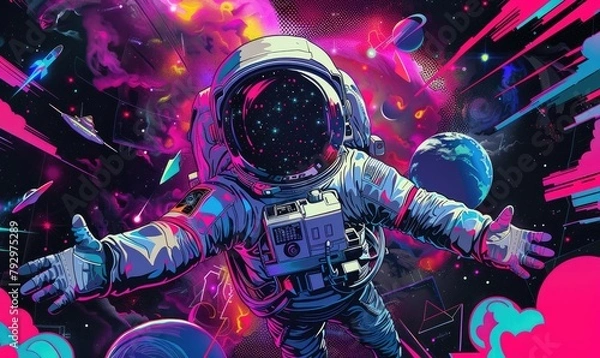 Fototapeta astronaut floating in space, A colorful cartoon style drawing