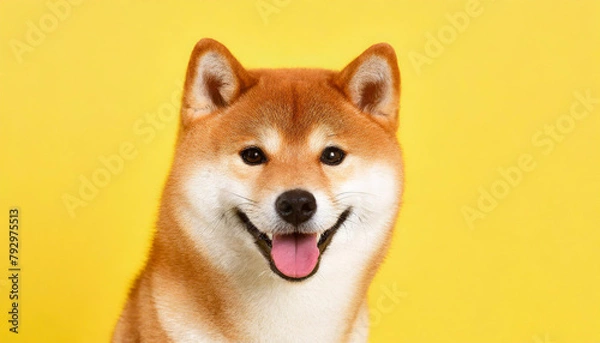 Fototapeta Happy smiling shiba inu dog isolated on yellow orange background with copy space. Red-haired Japanese dog smile portrait