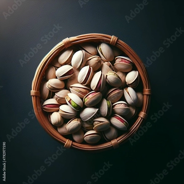 Fototapeta Top view of peanuts in a basket on black surface with dark background