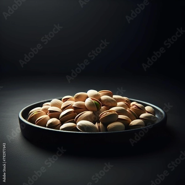 Fototapeta Plate of peanuts on black surface with dark background
