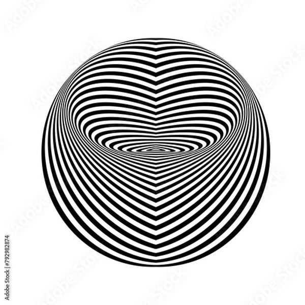 Obraz Abstract black and white striped round object. Geometric pattern with visual distortion effect. Optical illusion. Op art. Isolated on white background.