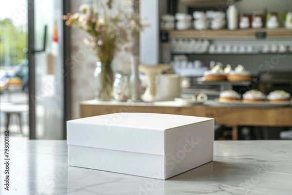 Fototapeta White box on marble counter in a coffee shop