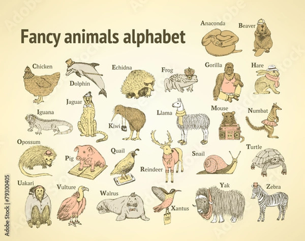 Fototapeta Sketch fancy animals alphabet  in vintage style
