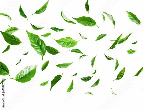 Obraz A white background with green leaves flying in the air
