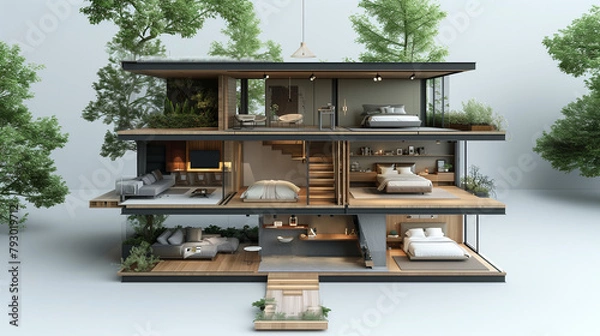 Obraz Living room near big tree on tiny earth land with green grass in real estate sale or property investment concept. Isometric low poly part of house 3d rendering.  ai generated