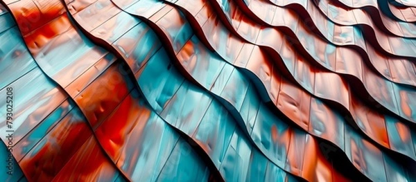 Fototapeta Abstract copper metallic verdigris undulating patterned glossy roof tiles, architectural concept.