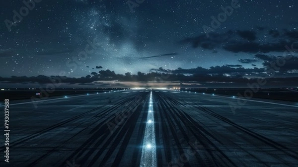 Obraz Dark concrete or asphalt of plane runway with light in the night sky view. AI generated image