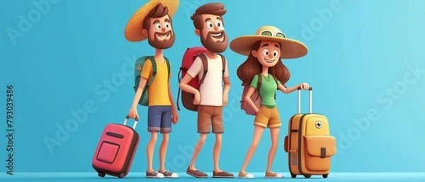 Obraz Families driving carriers on summer vacations, cartoon illustration style design, 3d
