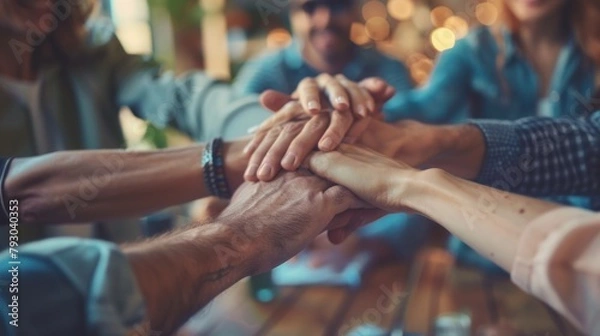 Fototapeta Closeup stack of hands business partners together at meeting to support each other. AI generated