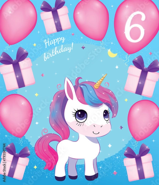 Fototapeta Vector Birthday holiday greeting card design for kids 6 year old with cute cartoon unicorn character, balloons, stars and gift boxes on a blue background. Cute Happy Birthday holiday festive card