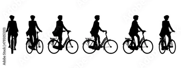 Fototapeta Vector concept or conceptual black silhouette of a woman riding a bicycle from different perspectives isolated on white background. A metaphor for health, fitness, work, leisure and lifestyle