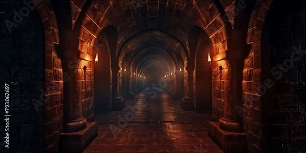 Fototapeta Dark dungeon backgrounds, long scary medieval castle corridor with torches. Endless mystical nightmare and opportunity for secret treasure, game, Halloween, party event card backgrounds.