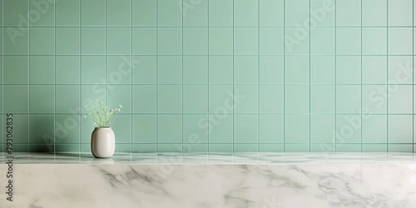 Fototapeta abstract fresh mint green modern tiles interior bathroom wall with white marble pattern tabletop for show,ads,design product on display concept, copy space, mock up.