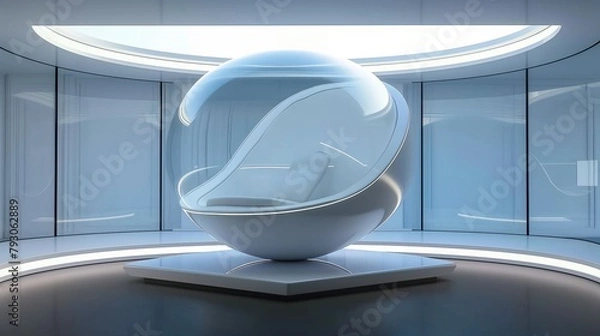 Fototapeta Empty futuristic display glass capsule mock up in high tech style lab for digital product display, 3d transparent showcase with seat, for space travel interior design, time machine, spacecraft control